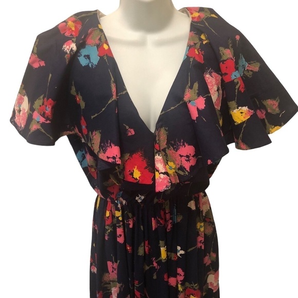 VTG 80’s Deep V Navy Floral Maxi Dress 12/14 Flowy Sleeve Collar Elastic Waist - Picture 3 of 8